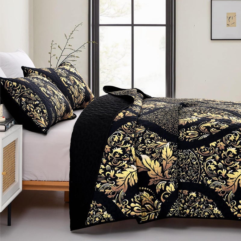 DJY Black Quilt Set King Size, Boho Gold Damask Bedspread Coverlet Set Soft Lightweight Microfiber Bedding Set 3 Pieces for All Season (104"x90") - Image 3