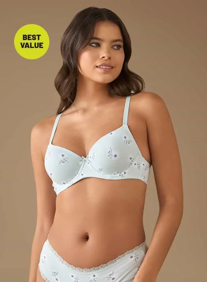 Splash FAV All-Over Floral Print Padded Demi Bra with Hook and Eye Closure