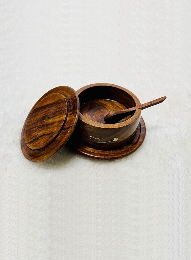 Wooden Brass Sugar Pot – 4-Inch Sugar Container with Wooden Plate and Spoon  - Image 1
