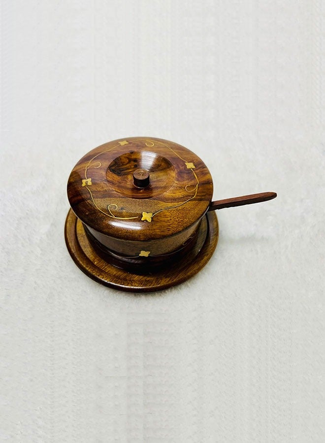 Wooden Brass Sugar Pot – 4-Inch Sugar Container with Wooden Plate and Spoon  - Image 2