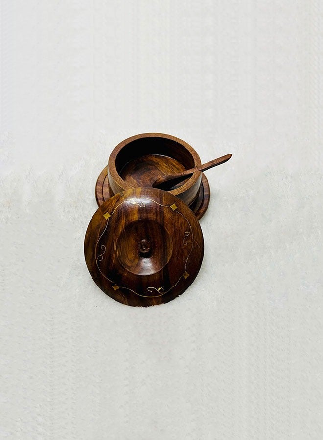 Wooden Brass Sugar Pot – 4-Inch Sugar Container with Wooden Plate and Spoon  - Image 3
