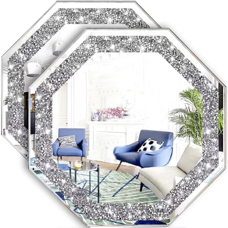 XIHACTY 2 Piece Wall Mirrors Octagon Crush Diamond Mirrors Wall Decor Silver Decorative Mirrors for Living Room Decor Bedroom Bathroom 12x12