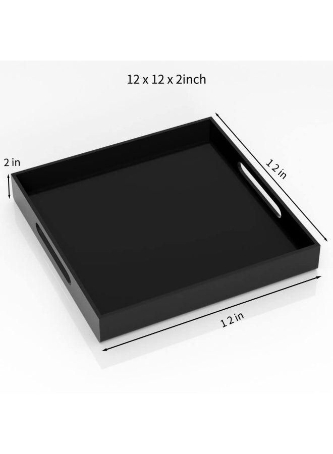 NIUBEE Acrylic Serving Tray 12x12 Inches -Spill Proof- Decorative Tray Organiser for Ottoman Coffee Table Countertop with Handles - Black - Image 3