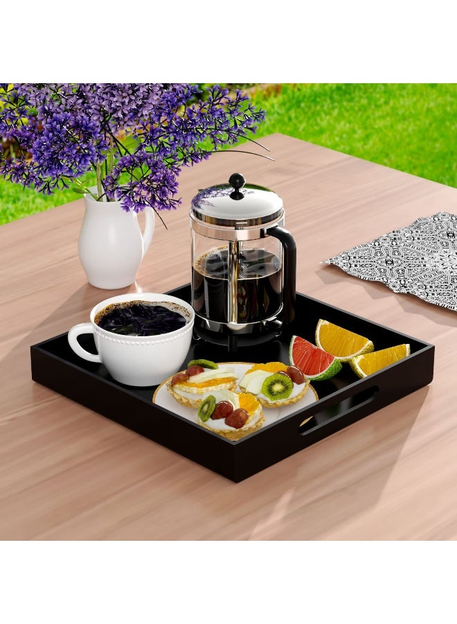 NIUBEE Acrylic Serving Tray 12x12 Inches -Spill Proof- Decorative Tray Organiser for Ottoman Coffee Table Countertop with Handles - Black - Image 2