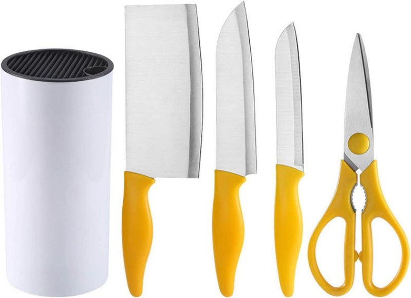 Nathgra StainlessSteel Kitchen Knife Set Kitchen Knifes Set with Utensil Holder StainlessSteel Knives Kitchen Scissors Knife Block Holder Kitchen Knife Block Set Yellow Set of 5 - Image 1
