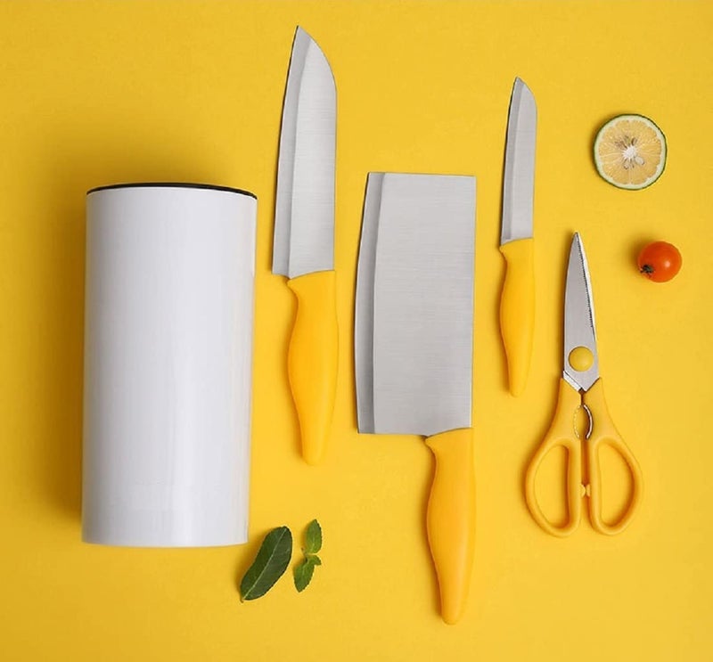 Nathgra StainlessSteel Kitchen Knife Set Kitchen Knifes Set with Utensil Holder StainlessSteel Knives Kitchen Scissors Knife Block Holder Kitchen Knife Block Set Yellow Set of 5 - Image 4
