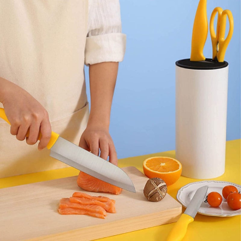 Nathgra StainlessSteel Kitchen Knife Set Kitchen Knifes Set with Utensil Holder StainlessSteel Knives Kitchen Scissors Knife Block Holder Kitchen Knife Block Set Yellow Set of 5 - Image 2