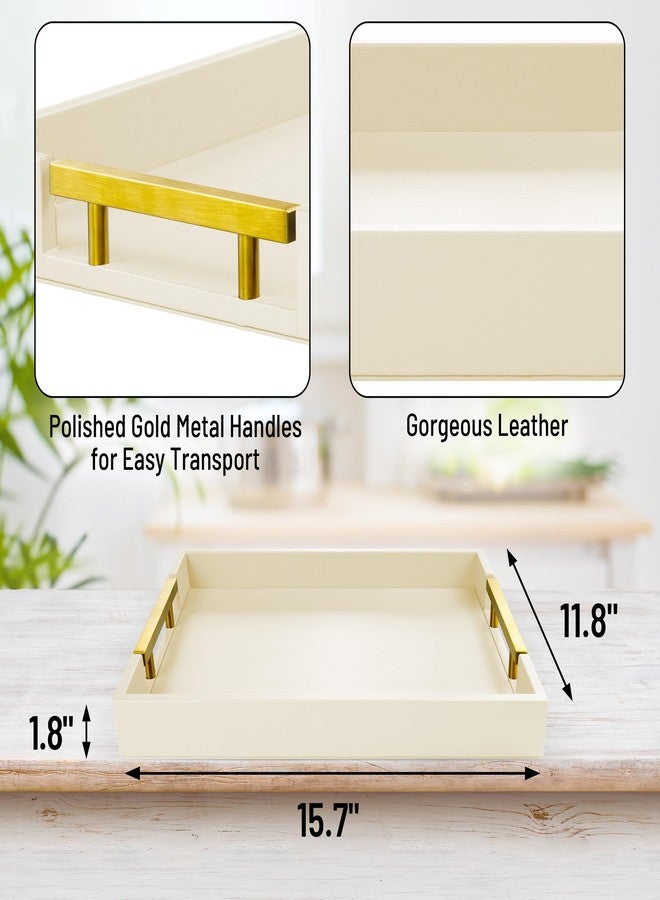 ATZYmolin Leather Serving Tray with Gold Polished Metal Handles, Home Decorative Wooden Rectangle Ottoman Decor Platter Bathroom Vanity Tray for All Occasions White - Image 4