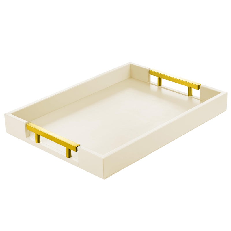 ATZYmolin Leather Serving Tray with Gold Polished Metal Handles, Home Decorative Wooden Rectangle Ottoman Decor Platter Bathroom Vanity Tray for All Occasions White - Image 1