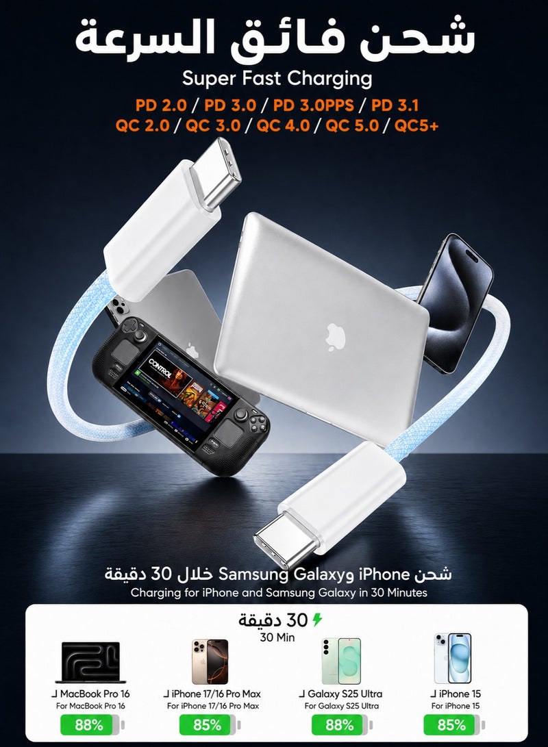ORYXA 240W USB C Cable 2M Braided PD3.1 Power Delivery Fast Charging Cable 48V 5A USB C to USB C Type C Compatible with MacBook Pro Air M4 M3 iPhone 17 16 15 iPad Pro Samsung S25 S24 Ultra Xiaomi Huawei Lenovo White - Image 3