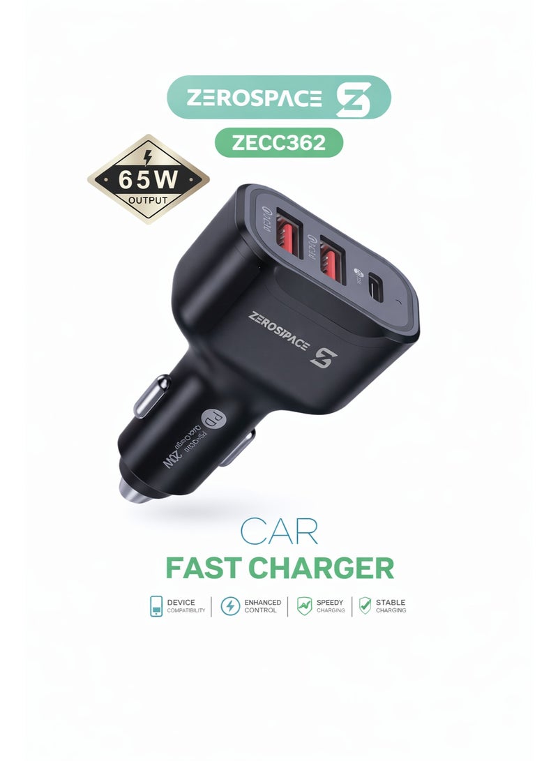 شاحن سيارة سريع Zerospace ZECC362 بقوة 65 واط - محول شحن سريع بمنفذين USB-C و USB-A