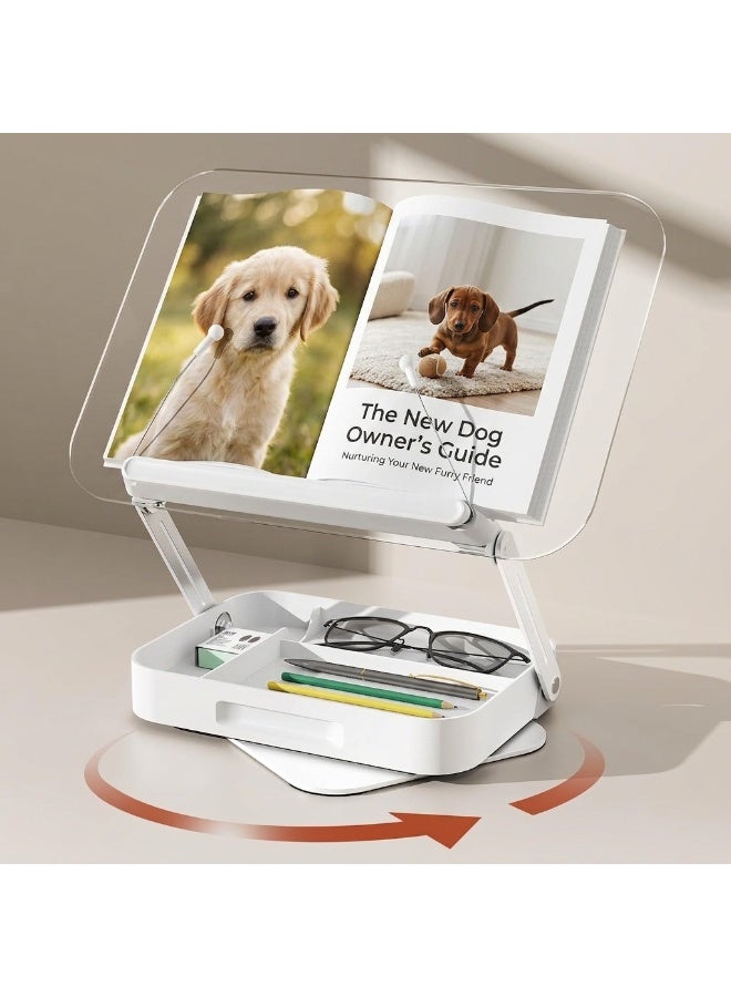 ALAMAREQ Book Stand with Storage, Adjustable Book Holder for Reading with 360° Rotating Bases, Foldable Desktop Riser Stand, Elastic Clips for Cookbook Recipe Magazines Tablets, Laptops - Image 1