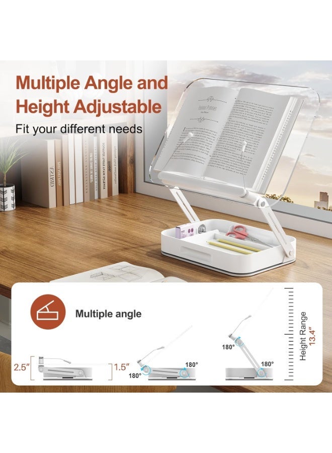 ALAMAREQ Book Stand with Storage, Adjustable Book Holder for Reading with 360° Rotating Bases, Foldable Desktop Riser Stand, Elastic Clips for Cookbook Recipe Magazines Tablets, Laptops - Image 2