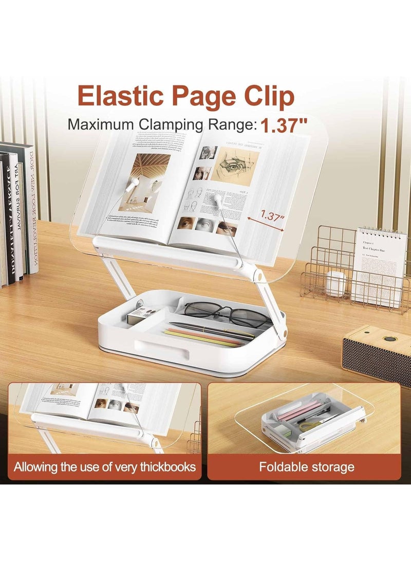 ALAMAREQ Book Stand with Storage, Adjustable Book Holder for Reading with 360° Rotating Bases, Foldable Desktop Riser Stand, Elastic Clips for Cookbook Recipe Magazines Tablets, Laptops - Image 3