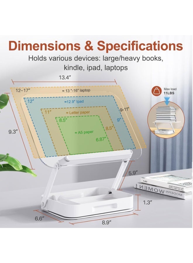 ALAMAREQ Book Stand with Storage, Adjustable Book Holder for Reading with 360° Rotating Bases, Foldable Desktop Riser Stand, Elastic Clips for Cookbook Recipe Magazines Tablets, Laptops - Image 4