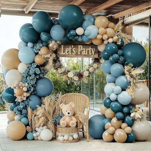 Pinbra Dusty Blue Tan Balloon Garland Double Stuffed Slate Pastel Blue Brown Nude White Sand Latex Balloons Arch Kit for Neutral Birthday Baby Shower Gender Reveal Bridal Wedding Bear Party Decorations - Image 1