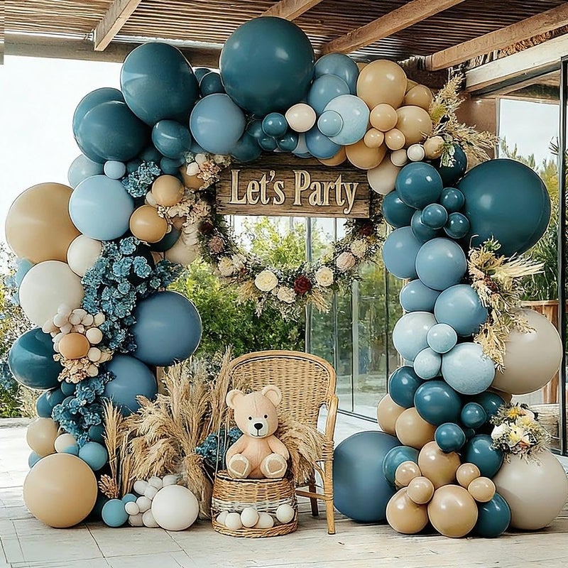 Pinbra Dusty Blue Tan Balloon Garland Double Stuffed Slate Pastel Blue Brown Nude White Sand Latex Balloons Arch Kit for Neutral Birthday Baby Shower Gender Reveal Bridal Wedding Bear Party Decorations - Image 2