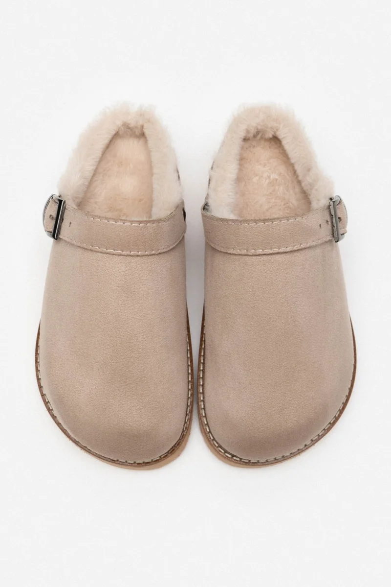 Nişantaşı Shoes Glady Beige Suede Fur Belt Detail Flat Sole Women's Home Slippers