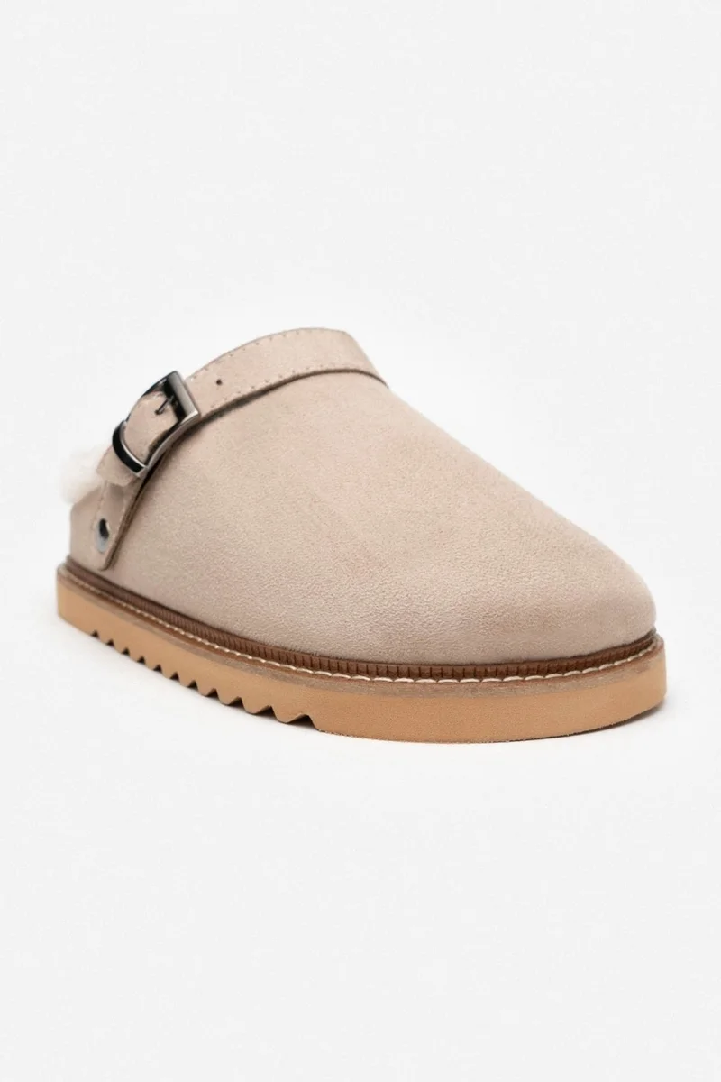 Nişantaşı Shoes Glady Beige Suede Fur Belt Detail Flat Sole Women's Home Slippers