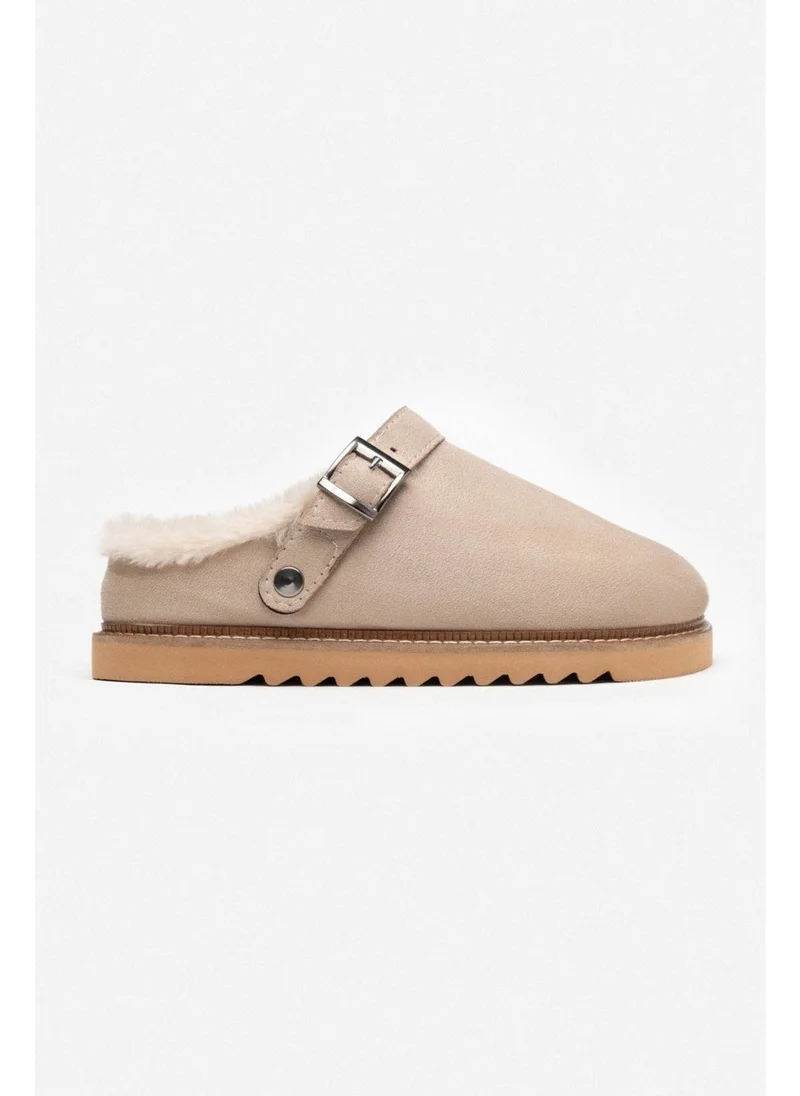 Nişantaşı Shoes Glady Beige Suede Fur Belt Detail Flat Sole Women's Home Slippers