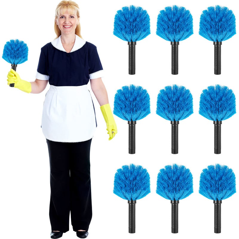 Yinkin 9 Pieces Twist on Cobweb Duster Bulk for Cleaning Company Cleaning Spider Web Remover Brush Cobweb Duster Head Attachment Fits Standard Threaded Poles No Pole Medium Stiff Bristles Blue