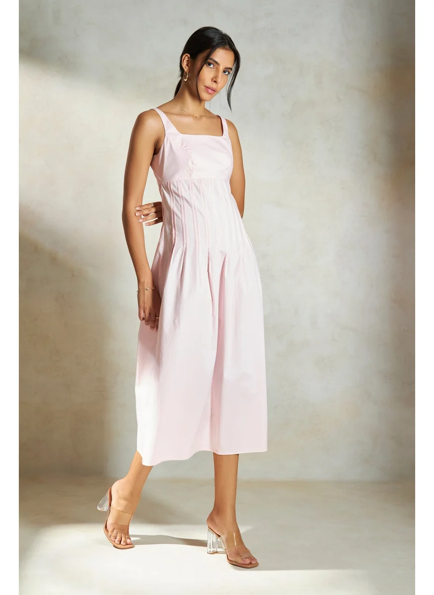 Virgio Virgio Women Solid Wide Scoop Neck Sleeveless Cotton Midi Length Dress