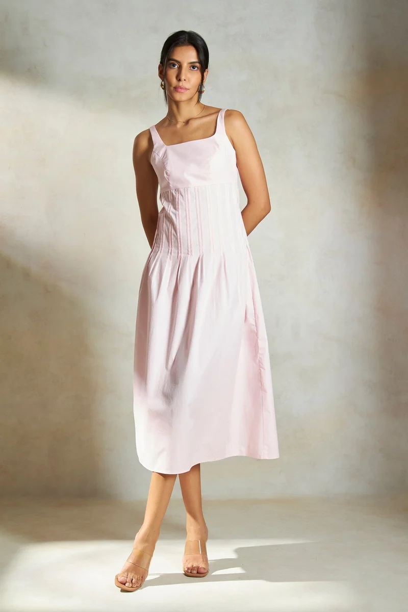 Virgio Virgio Women Solid Wide Scoop Neck Sleeveless Cotton Midi Length Dress