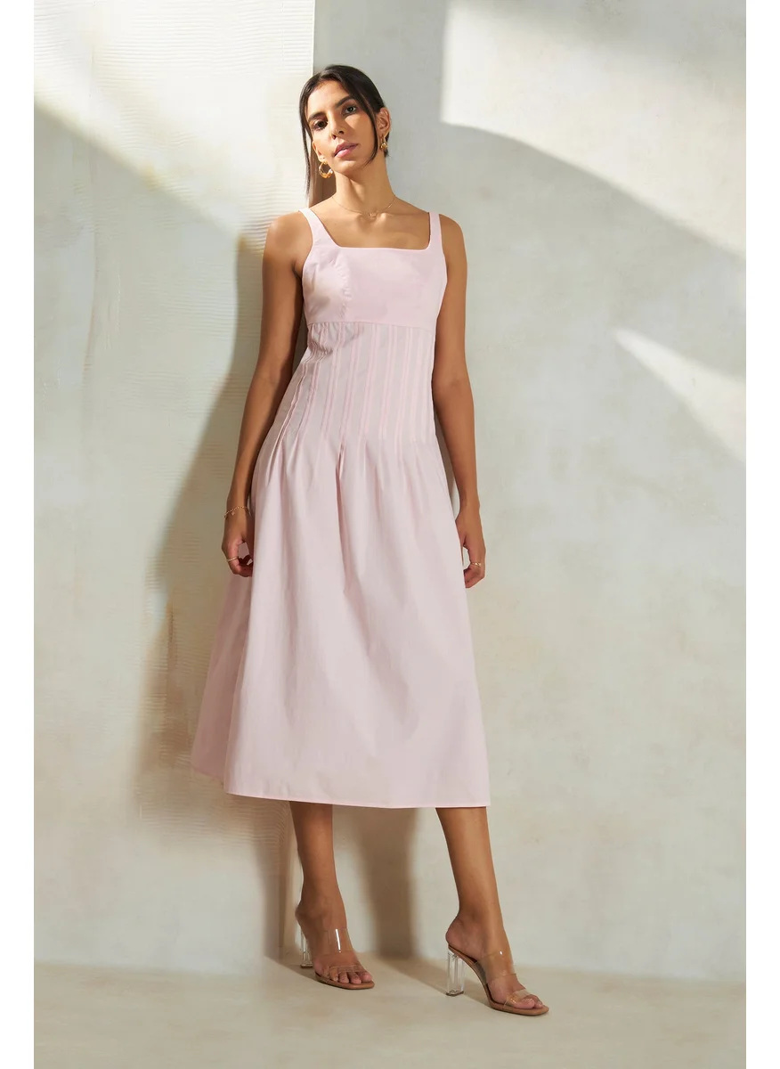 Virgio Virgio Women Solid Wide Scoop Neck Sleeveless Cotton Midi Length Dress