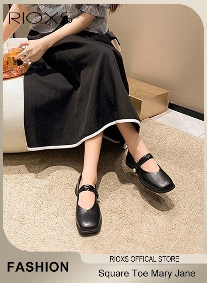 RIOXS Women's Mary Jane Flats, Closed Square Toe Ballet Flats, Ladies Flat Loafers, Fashion  Versatile Slip-On Shoes, Ladies Dress Shoes, Classic Ballerina Shoes for Women, Comfortable Casual Business Work Shoes, Black Leather Shoes Womens Footwear - Image 1