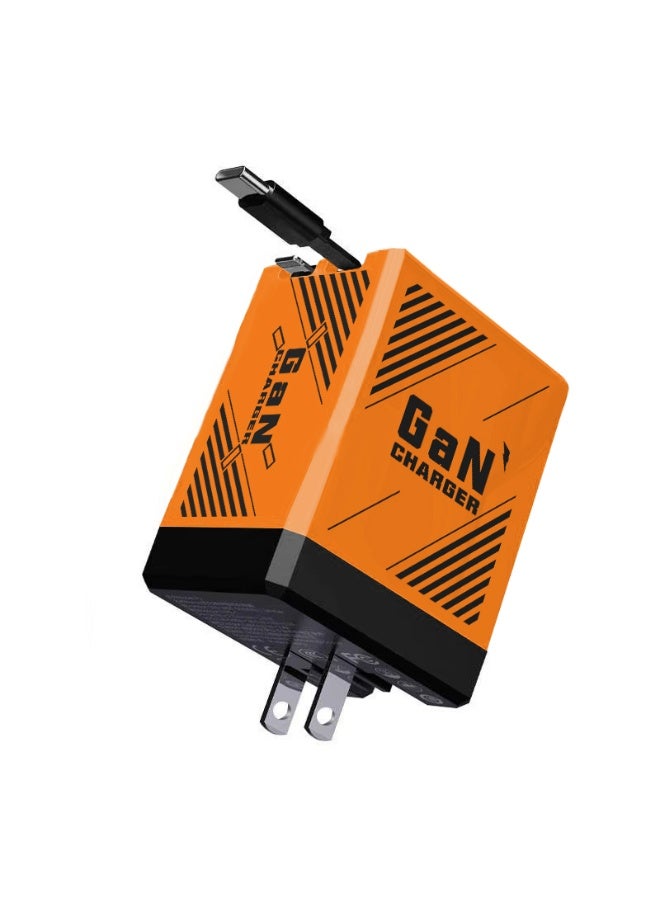  FUFFI شاحن سريع بقوة 20 وات GaN مع كابل مدمج، كتلة شاحن حائط PD قابلة للطي، شاحن USB C مزدوج المنفذ محمول لهاتف iPhone Android-Orange - Image 1