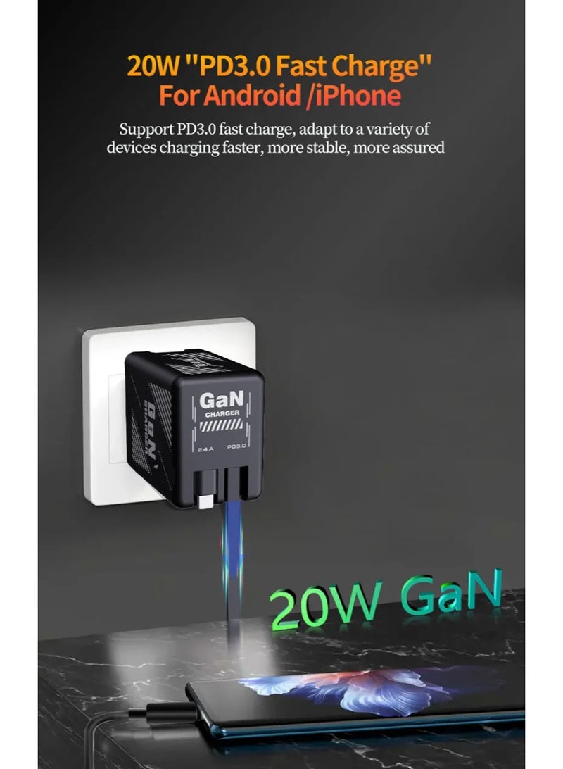  FUFFI شاحن سريع بقوة 20 وات GaN مع كابل مدمج، كتلة شاحن حائط PD قابلة للطي، شاحن USB C مزدوج المنفذ محمول لهاتف iPhone Android-Orange - Image 4