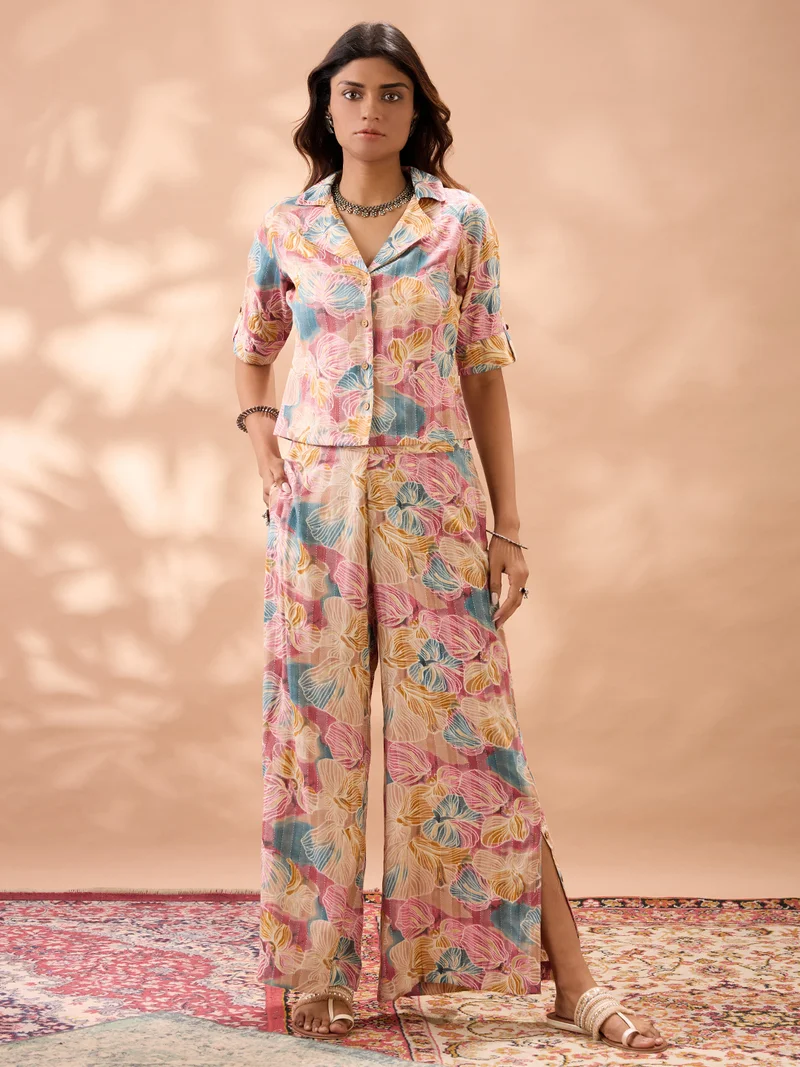 Women Multi Color Floral Print Notched Lapel Shirt with Wide Leg Trousers Fusion Co-Ord Set