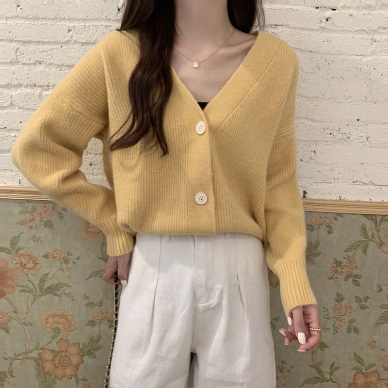 Vintage V-Neck Knit Cardigan Sweater Autumn 2024 1459 yellow 