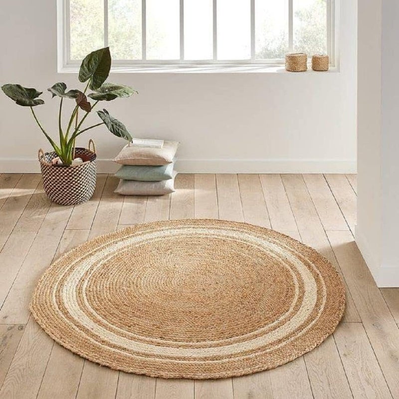 GLEAM� Jute Braided Carpet Natural Rug Hand Woven & Reversible for Bedroom, Office, Living Room, Kitchen, Guest Room (Natural & White 60 cm) - Image 1
