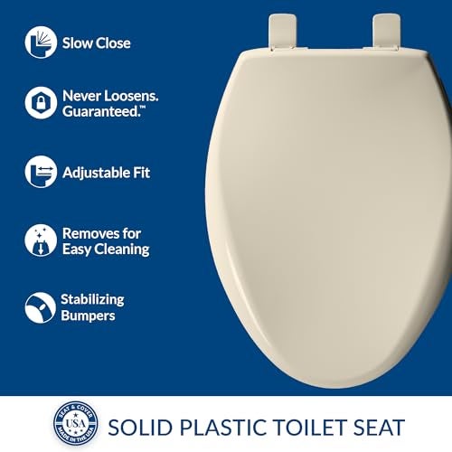 Bemis Aurora Slow Close Toilet Seat, Easy Clean Hinges and Adjustable Perfect Fit Plastic Seat, Made in USA, Elongated, Almond - Image 2