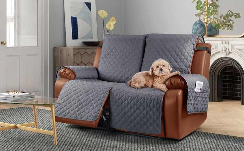 Ruaozz Waterproof Recliner Sofa Cover 1Piece Couch Covers for Reclining Couches Reclining Sofa Cover Washable Furniture Protector with Elastic Straps Pocket for Kids Pets Gray 2 Seater - Image 1