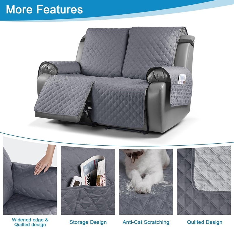 Ruaozz Waterproof Recliner Sofa Cover 1Piece Couch Covers for Reclining Couches Reclining Sofa Cover Washable Furniture Protector with Elastic Straps Pocket for Kids Pets Gray 2 Seater - Image 4