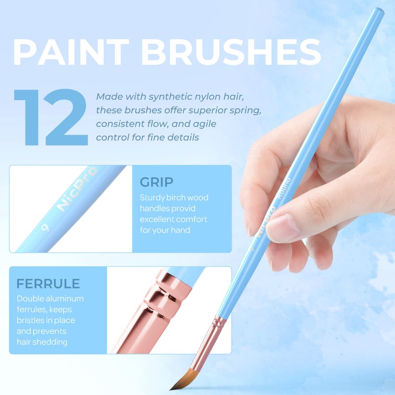 Nicpro 12pcs Artist Paint Brush Set, Aesthetic Pastel Paintbrushes Craft Paint Brushes for Acrylic Painting, Oil, Watercolor, Gouache, Tempera, Face, Body, Art Supplies for Artists and Beginners - Image 3
