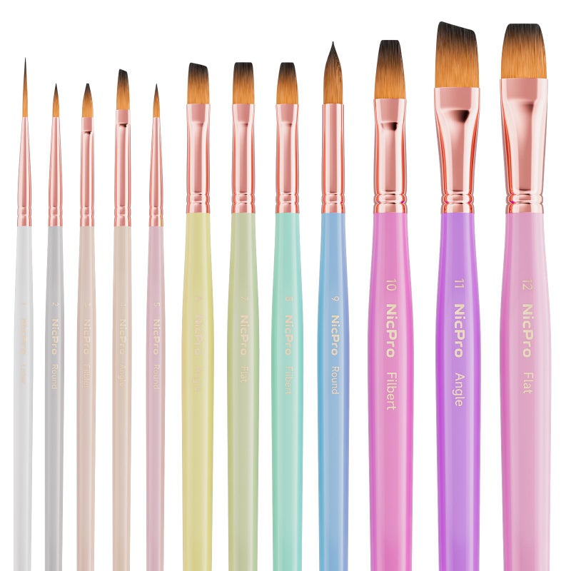 Nicpro 12pcs Artist Paint Brush Set, Aesthetic Pastel Paintbrushes Craft Paint Brushes for Acrylic Painting, Oil, Watercolor, Gouache, Tempera, Face, Body, Art Supplies for Artists and Beginners - Image 1