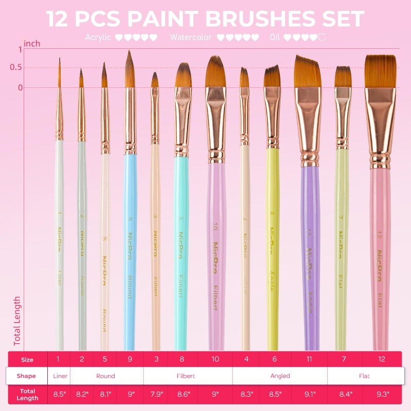 Nicpro 12pcs Artist Paint Brush Set, Aesthetic Pastel Paintbrushes Craft Paint Brushes for Acrylic Painting, Oil, Watercolor, Gouache, Tempera, Face, Body, Art Supplies for Artists and Beginners - Image 4