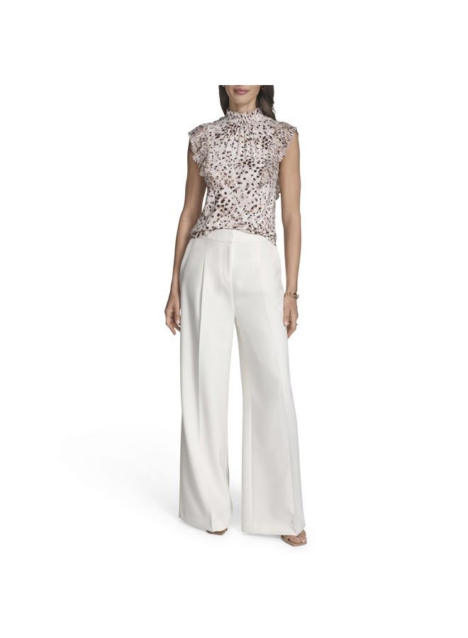 BCBG Women's Flutter Sleeve Ruffle Mock Neck Printed Blouse, Whisper White Multi, L - Image 5