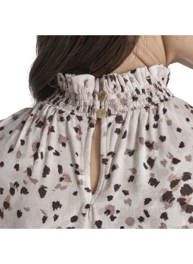 BCBG Women's Flutter Sleeve Ruffle Mock Neck Printed Blouse, Whisper White Multi, L - Image 4