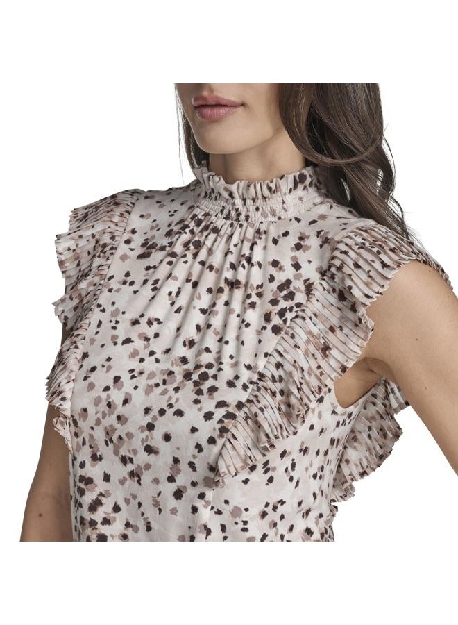 BCBG Women's Flutter Sleeve Ruffle Mock Neck Printed Blouse, Whisper White Multi, L - Image 2