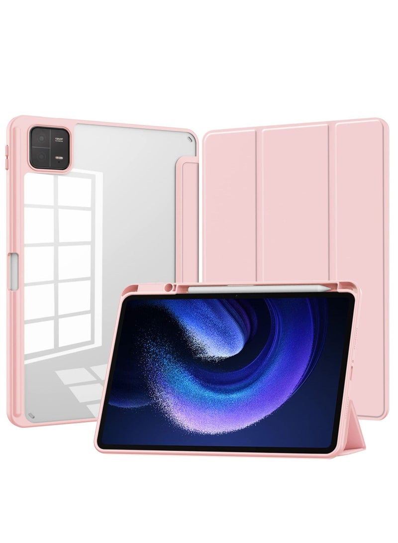 Case Compatible With Xiaomi Pad 6/6 Pro 11 Inch 2023 with Pencil Holder Clear Transparent Back Shell Slim Stand Shockproof Tablet Cover Auto Wake/Sleep (Pink) - Image 1