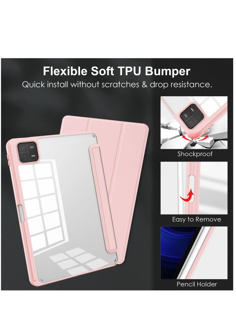 Case Compatible With Xiaomi Pad 6/6 Pro 11 Inch 2023 with Pencil Holder Clear Transparent Back Shell Slim Stand Shockproof Tablet Cover Auto Wake/Sleep (Pink) - Image 3