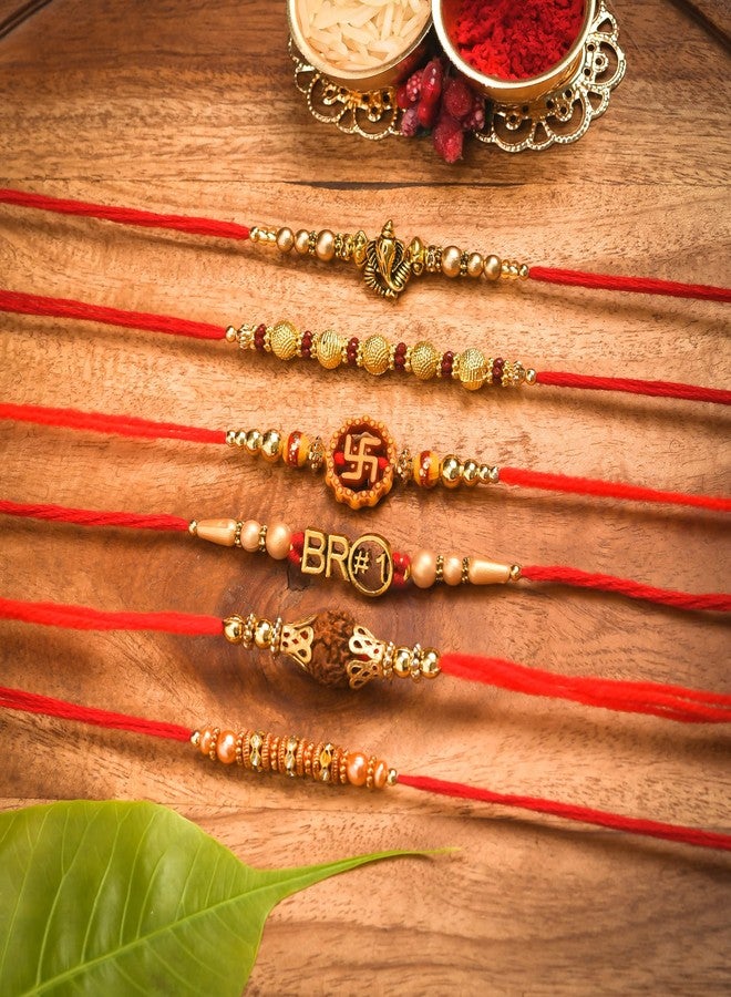 Poorak Rakhi Festival Rakhi Gift Set Beautiful Rakhi Set of 6 For Brother With Roli Chawal and Rakshabandhan Best Wishes Greetings Card - Image 2