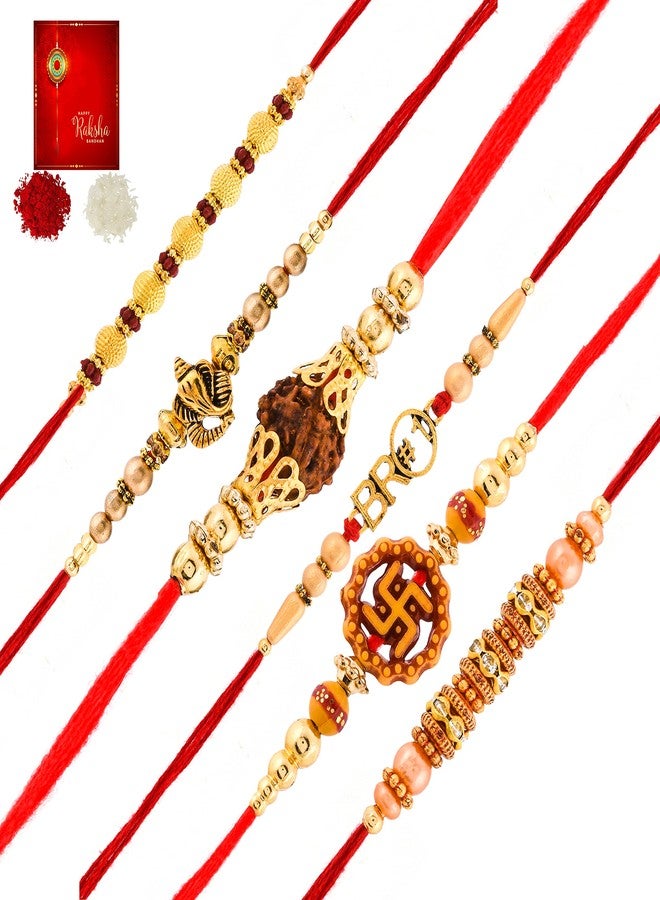 Poorak Rakhi Festival Rakhi Gift Set Beautiful Rakhi Set of 6 For Brother With Roli Chawal and Rakshabandhan Best Wishes Greetings Card - Image 1