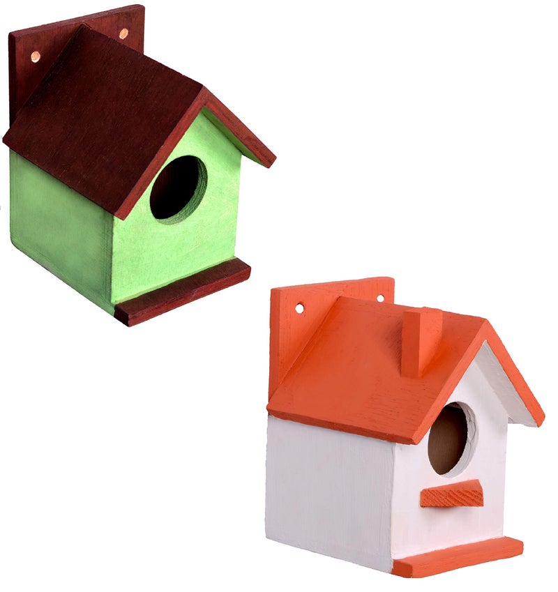 Cket Bird House Combo Offer Nest Box Breeding House for Small Birds Eco Friendly Wooden for Garden Balcony Hanging Orange & Green (Pack of 2) - Image 1