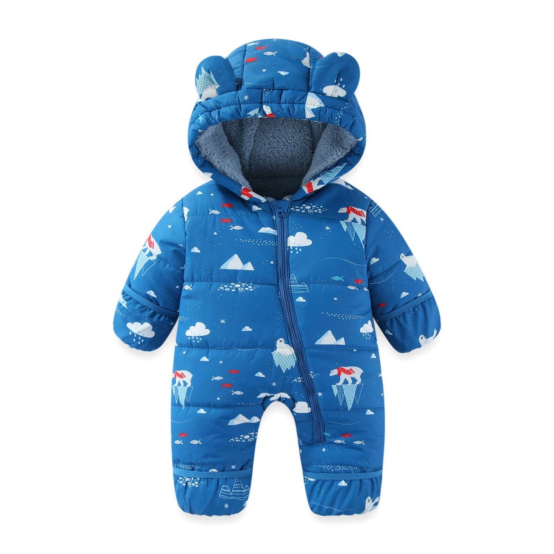 JiAmy Baby Snowsuit Baby Printed Winter Clothes With Flod-Over Girl Boy Hooded Outfits Jumpsuit Coat Arctic 12-18 Months - Image 1