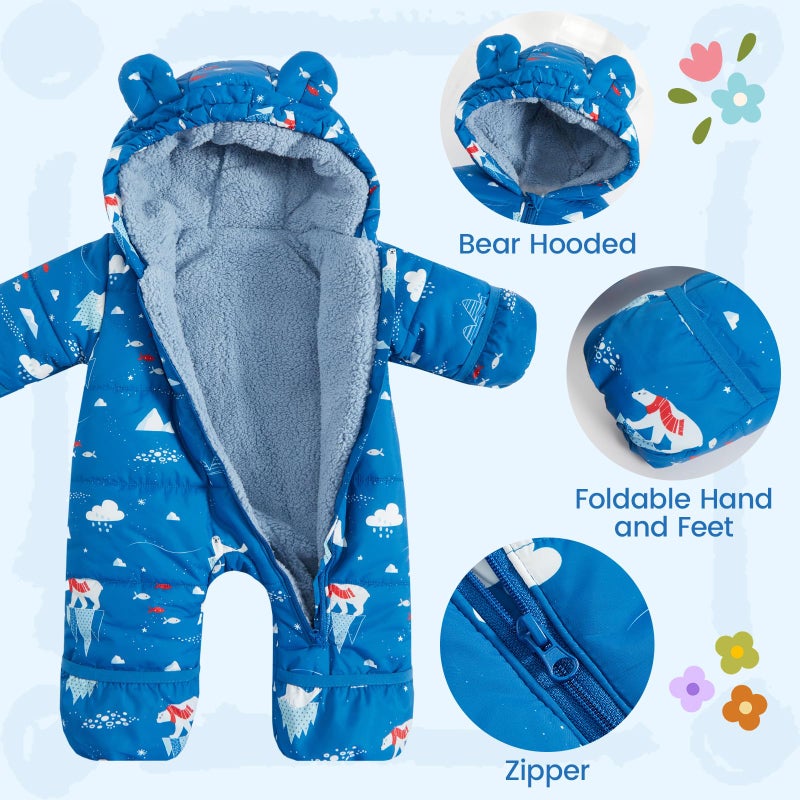 JiAmy Baby Snowsuit Baby Printed Winter Clothes With Flod-Over Girl Boy Hooded Outfits Jumpsuit Coat Arctic 12-18 Months - Image 3